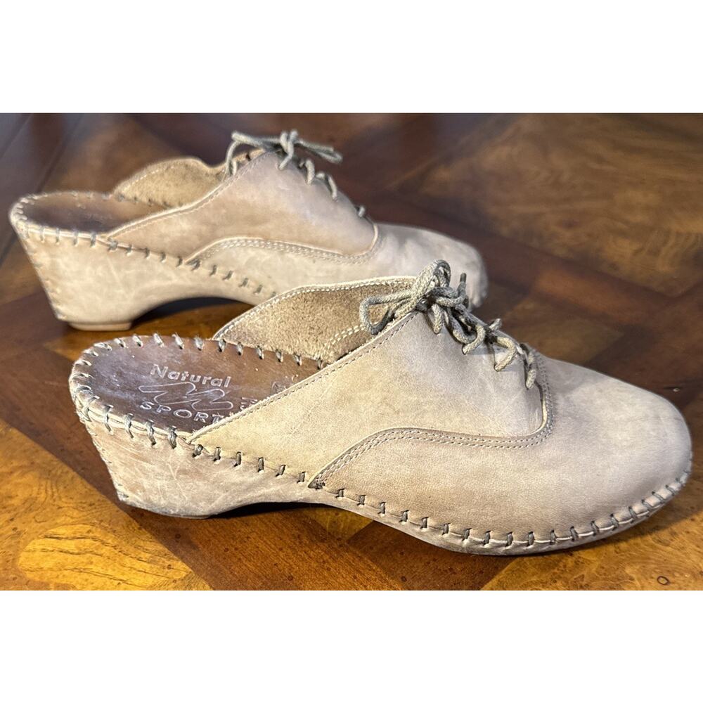 Natural Sport Leather Lace Up Mule Shoes Made in Italy Camel Color 6M